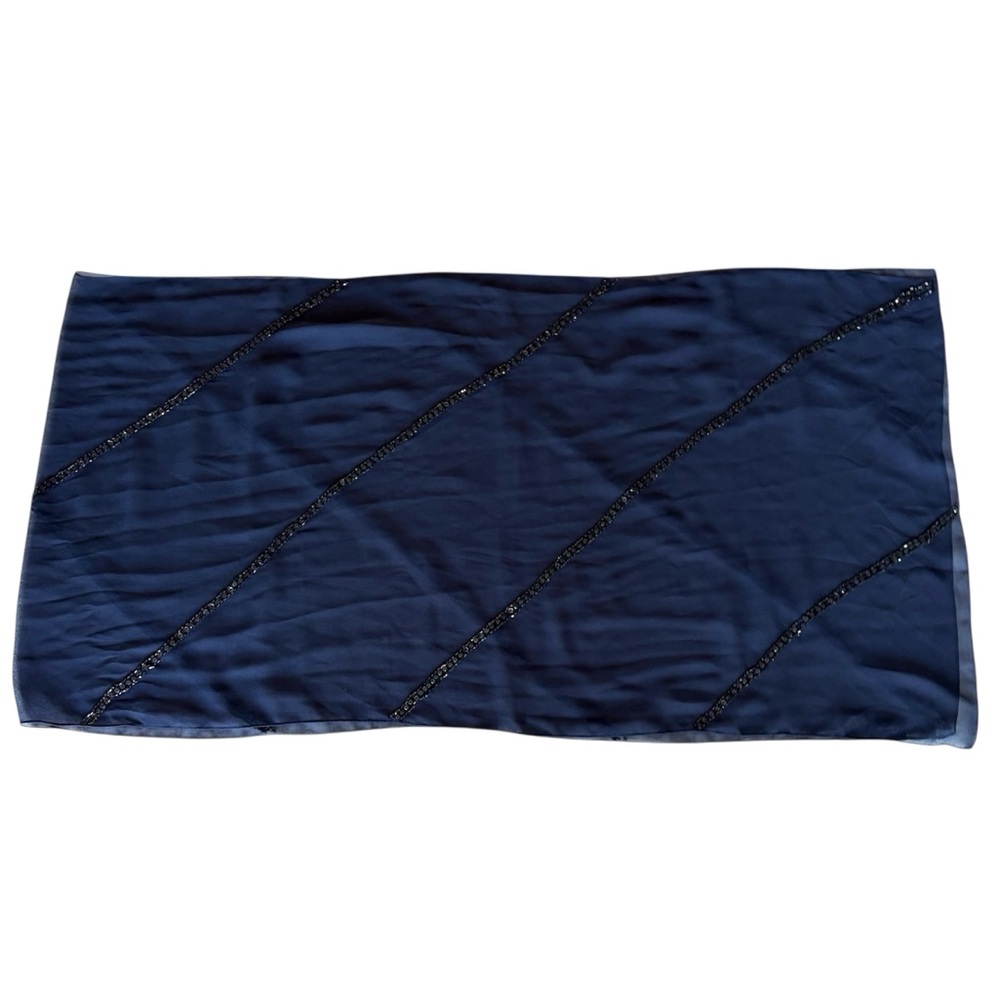 Navy Blue Sheer Cejon Scarf Wrap with Beaded Embellishments